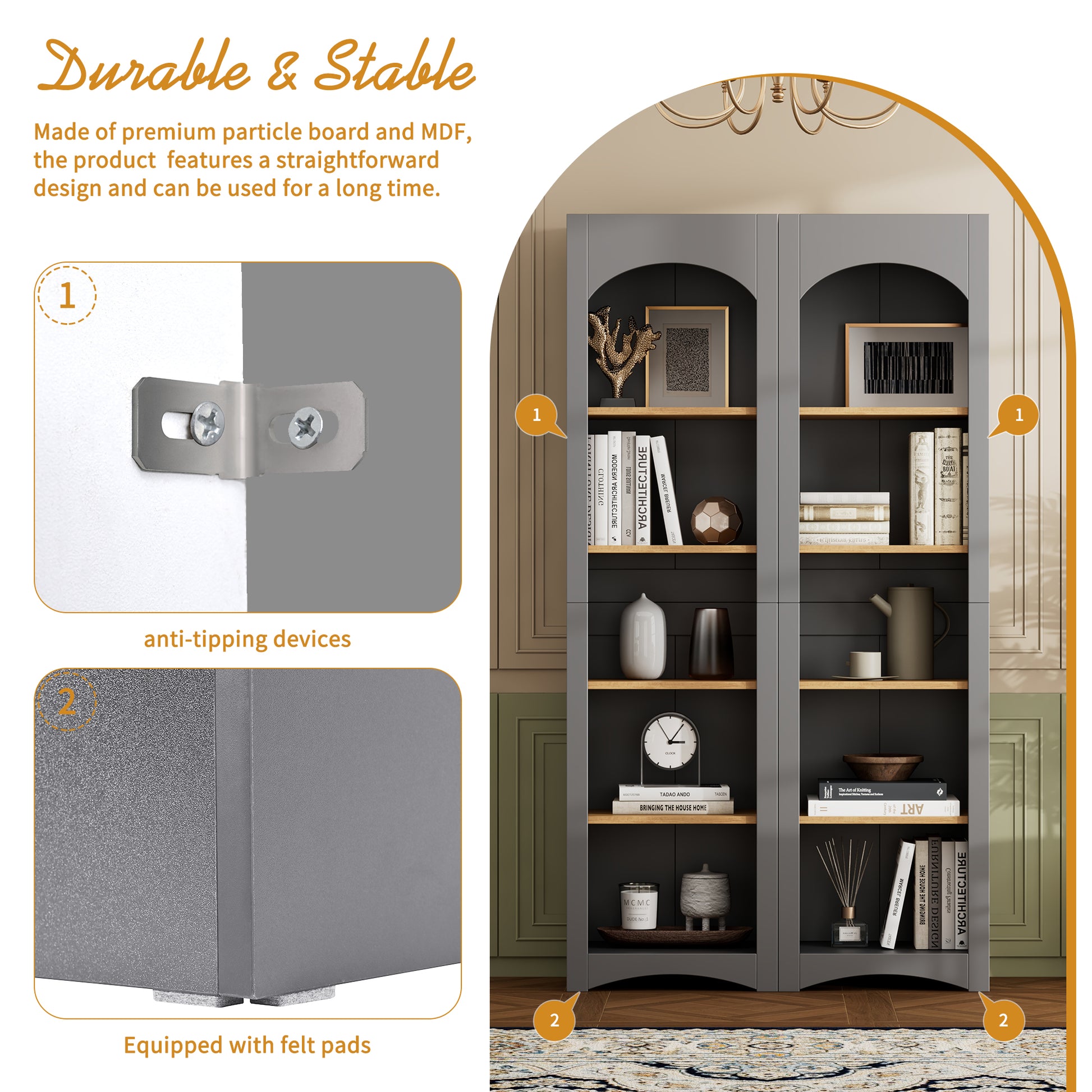 ON-TREND Free Standing 5 Tier Bookshelves, Bookcases Set Of 2, Farmhouse Two-Tone Storage Cabinet With Adjustable Shelves, Modern 72H Kitchen Pantry Cabinet For Living Room, Home Office, Grey