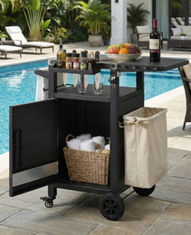 K&K 33.9  Outdoor Grill Cart With Drop Leaf, Outdoor Metal Bar Cart Pizza Oven Table With Wheels, Stainless Steel Top, Outdoor Kitchen Island With Storage Cabinet & Spice & Paper Rack For BBQ, Waterpr