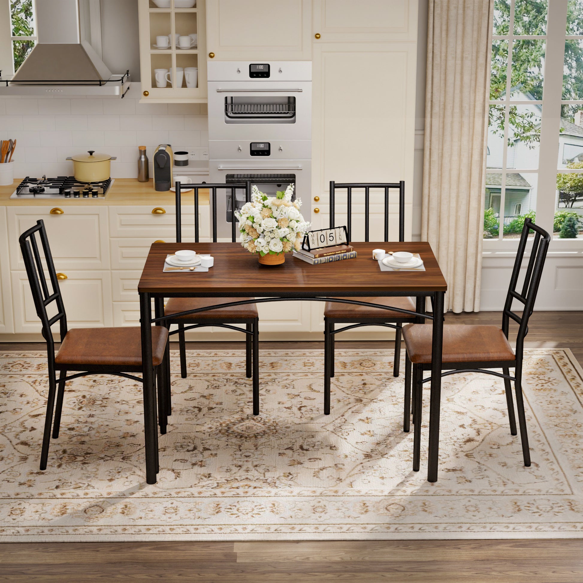 Dining Table Set, Bar Table With 4 Dining Benches, Kitchen Table Counter With Chairs, Industrial For Kitchen Breakfast Table, Living Room, Party Room, Walnut, 43.3L X23.6W X 30.1H