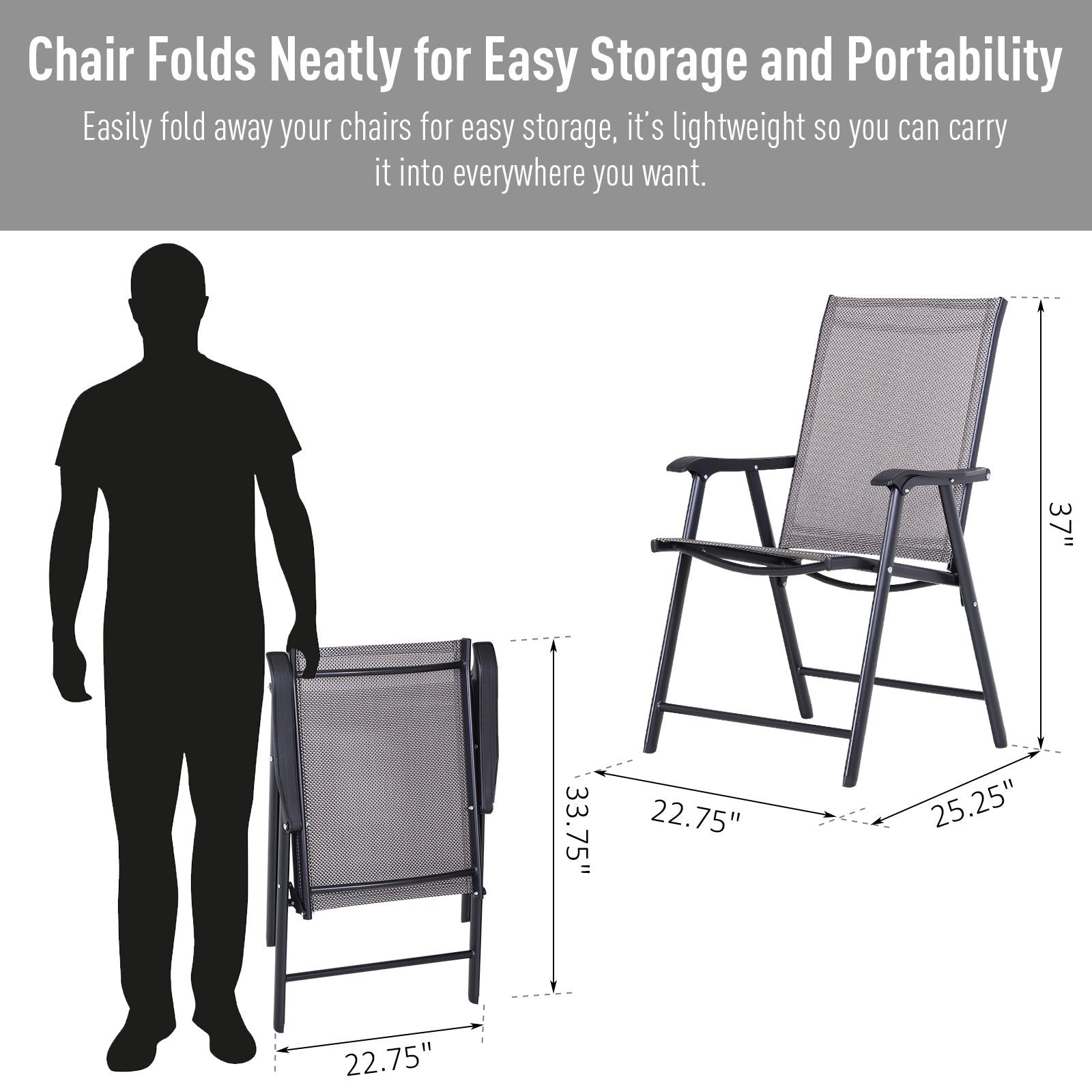 Set Of 4 Outdoor Folding Chairs, Stackable Patio Dining Chairs With Armrests, Metal Frame, Gray
