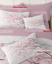 Cherry Blossom Pattern Comforter Set 8PCS Twin Size Soft Bedding Set,1 Comforter,1 Pilow Cover,1 Flat Sheet,1 Fitted Sheet,4 Cushion Cover