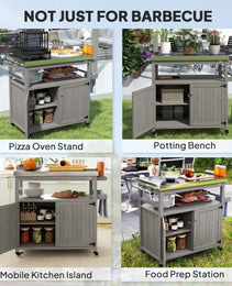 Outdoor Grill Cart w/ Stainless Steel Top, Solid Wood Outdoor Kitchen Island w/ Wheels, Storage Cabinets, Gray