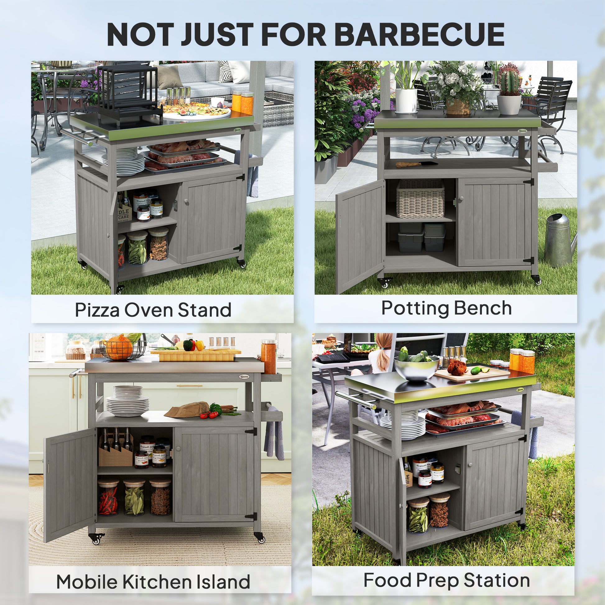 Outdoor Grill Cart w/ Stainless Steel Top, Solid Wood Outdoor Kitchen Island w/ Wheels, Storage Cabinets, Gray