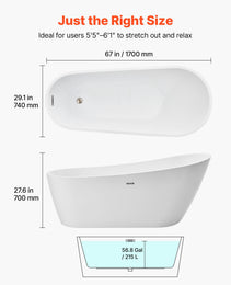 Acrylic Freestanding Bathtub, 67 Inch Contemporary Soaking White Tub With Brushed Nickel Overflow And Drain, Elegant Oval Shape Stand Alone Soaker Bathtub For Modern Bathroom Or Remodel Project