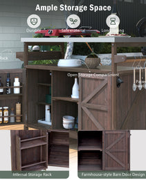 K&K Outdoor Kitchen Island, Rolling Bar Cart & Storage Cabinet, Farmhouse Solid Wood Outdoor Grill Table With Stainless Steel Top, Spice Rack , Towel Rack For Kitchen & Barbecue , Dark Brown
