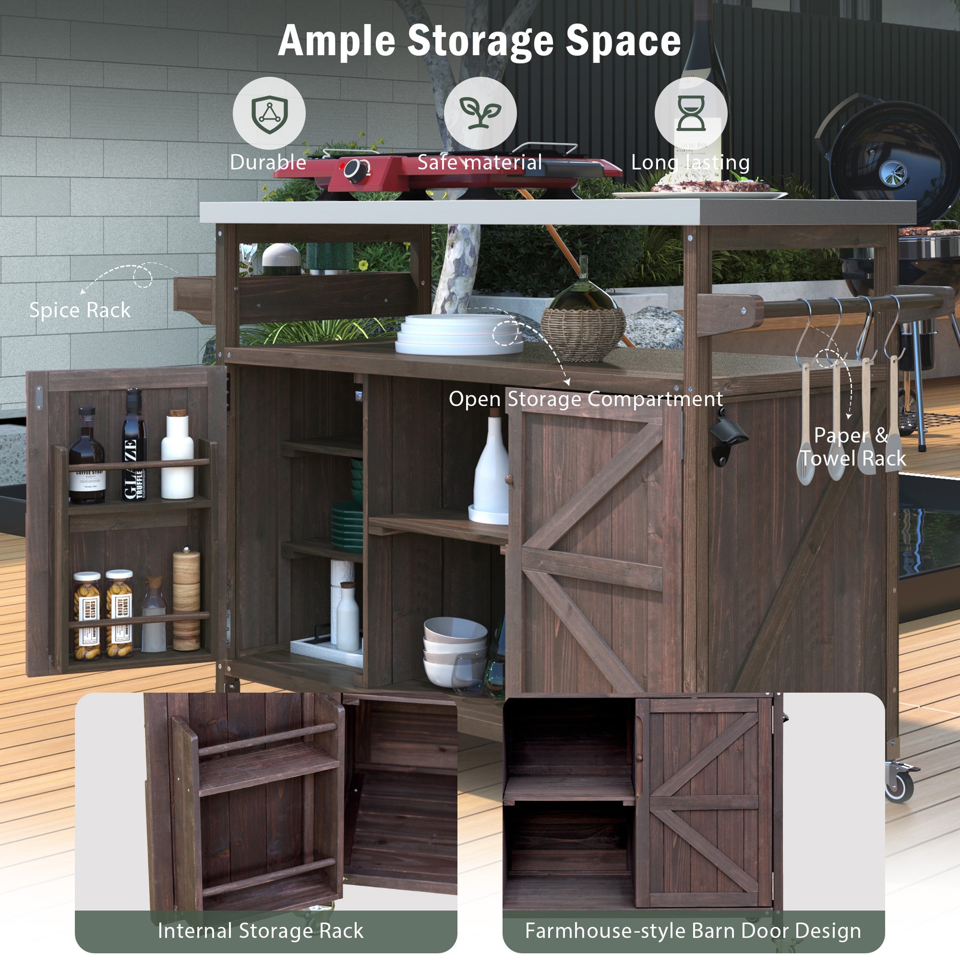 K&K Outdoor Kitchen Island, Rolling Bar Cart & Storage Cabinet, Farmhouse Solid Wood Outdoor Grill Table With Stainless Steel Top, Spice Rack , Towel Rack For Kitchen & Barbecue , Dark Brown