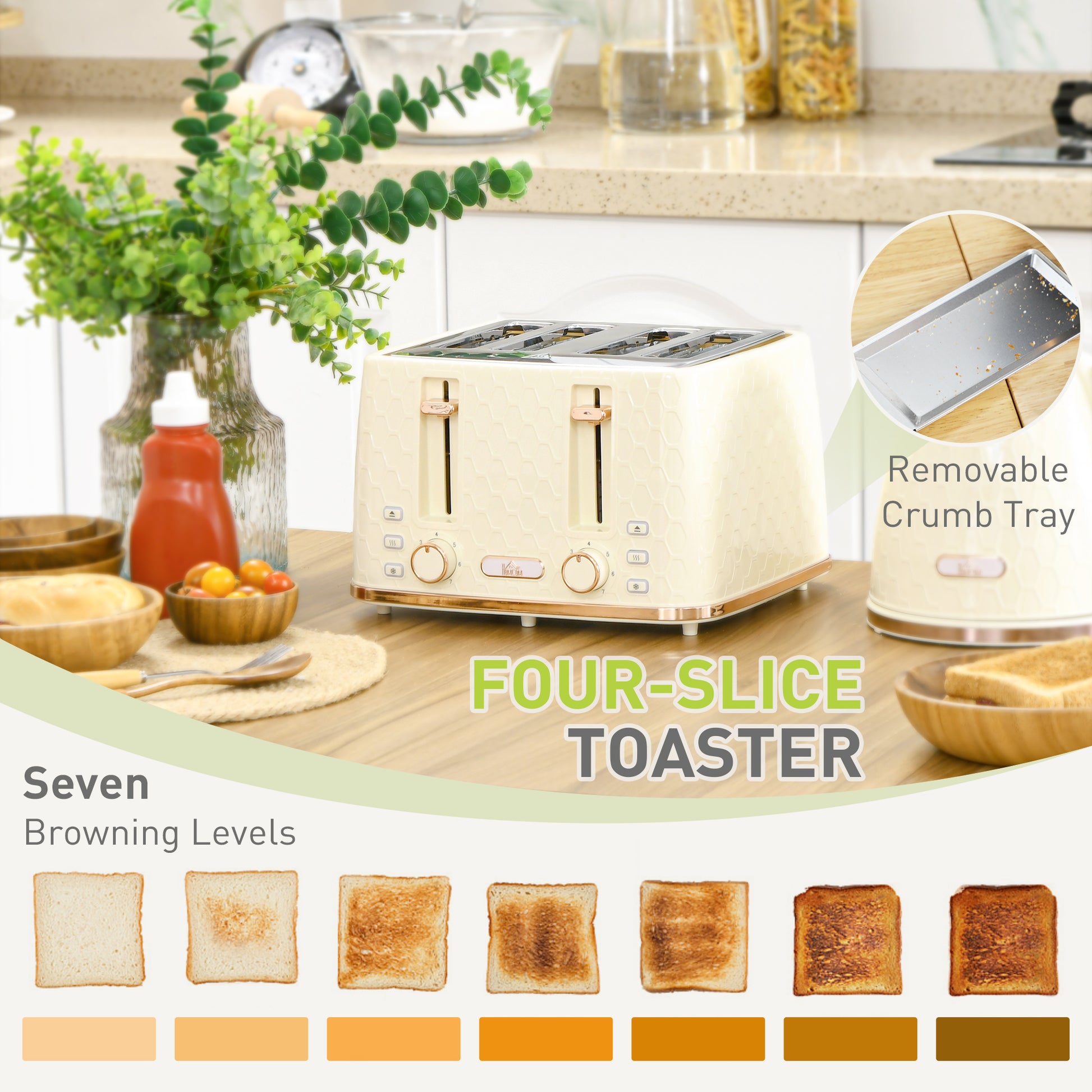 Beige Honeycomb Breakfast Set: 1.7L Rapid-Boil Kettle & 4-Slice Toaster – Designer Matching Duo