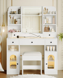 43.2 Vanity Desk With LED Mirror And Lights, Glass Top Vanity With RGB Glass Light Cabinets, Dressing Table With 5 Drawers ,Storage Shelves And Stool For Bedroom, White - CJDS