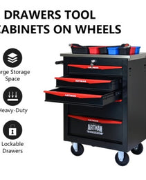 5 Drawers Multifunctional Tool Cart With Wheels,Metal Rolling Tool Cart Storage For Garage Workshop Warehouse Repair Shop--With Stainless Steel Roof- BLACK RED