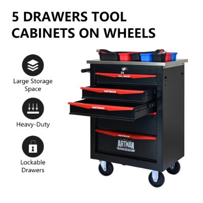 5 Drawers Multifunctional Tool Cart With Wheels,Metal Rolling Tool Cart Storage For Garage Workshop Warehouse Repair Shop--With Stainless Steel Roof- BLACK RED