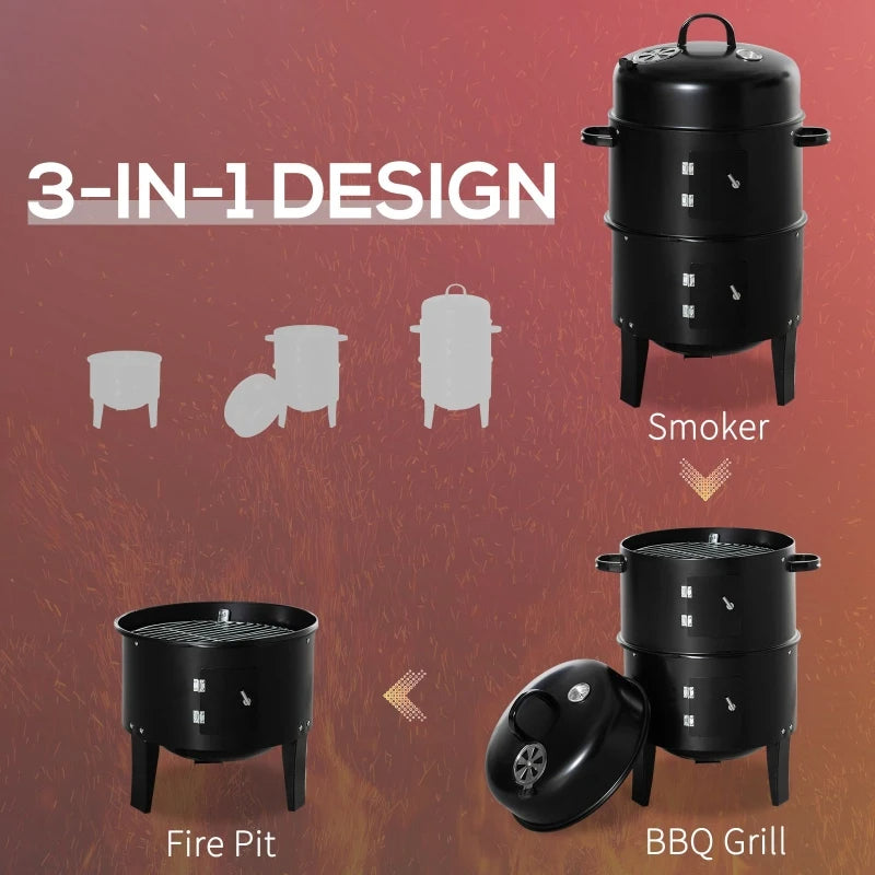 3-in-1 Vertical Charcoal BBQ Smoker Grill With 2 Cooking Areas And Thermometer