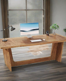 70.87-Inch Executive Computer Desk: Large Home Office Desk With Solid Wooden Pedestal, Industrial Wood Study Writing Table