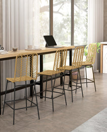 Set of 4 Rattan Barstools Wicker Counter Stools with Steel Legs and Footrest for Dining Room Kitchen Pub Yellow