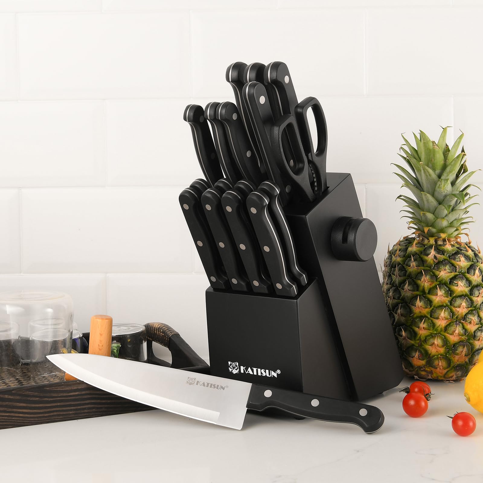 19-piece Knife Set, German Steel, Durable, Dishwasher-safe, Kitchen Knife Set With Built-in Sharpener For Chopping, Slicing, Dicing And Cutting