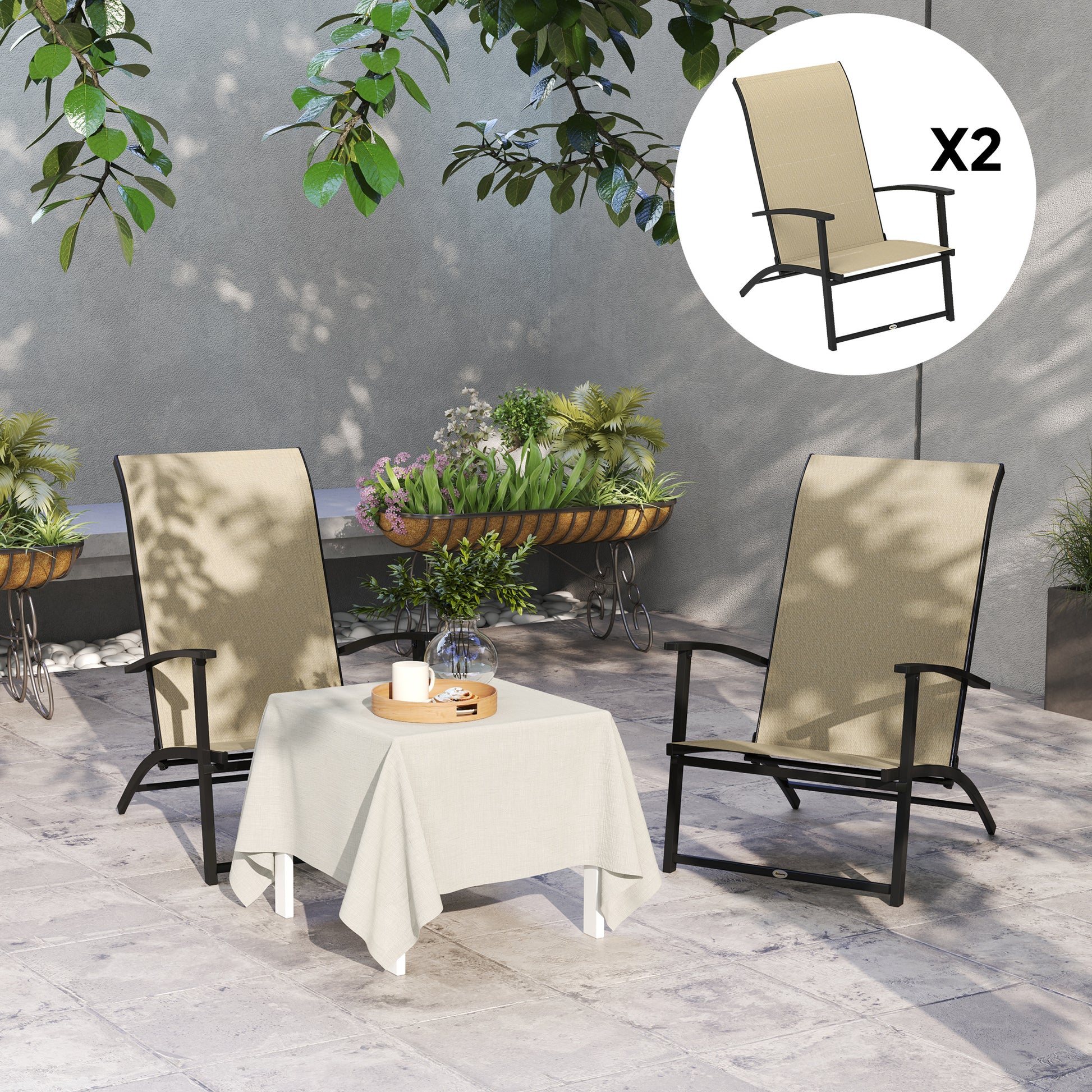 Set of 2 Outdoor Dining Chairs with High Back, Armrests, Folding Patio Chairs for Patio, Lawn, Camping, Beige