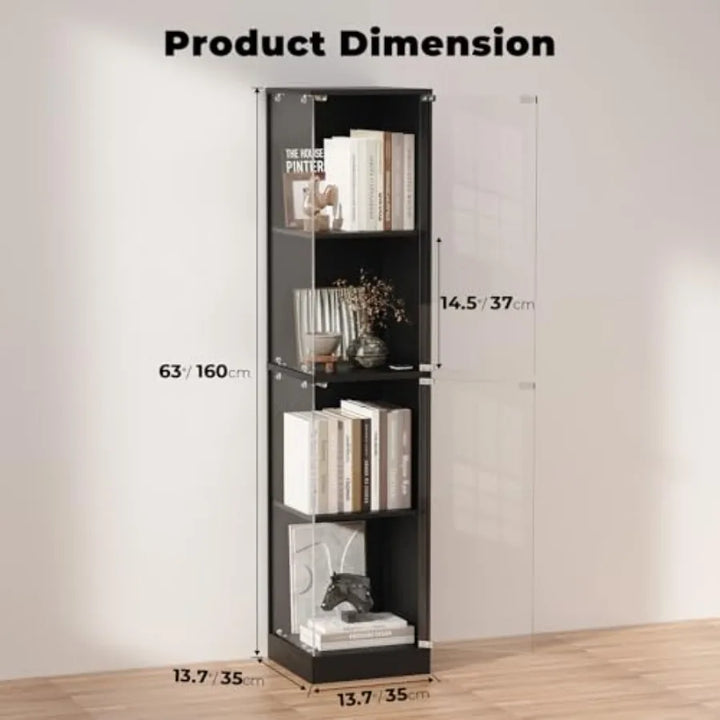 Corner display cabinet with glass doors, MDF wood in white, 3-color LED lights and human body sensor for collectibles, toys, bo