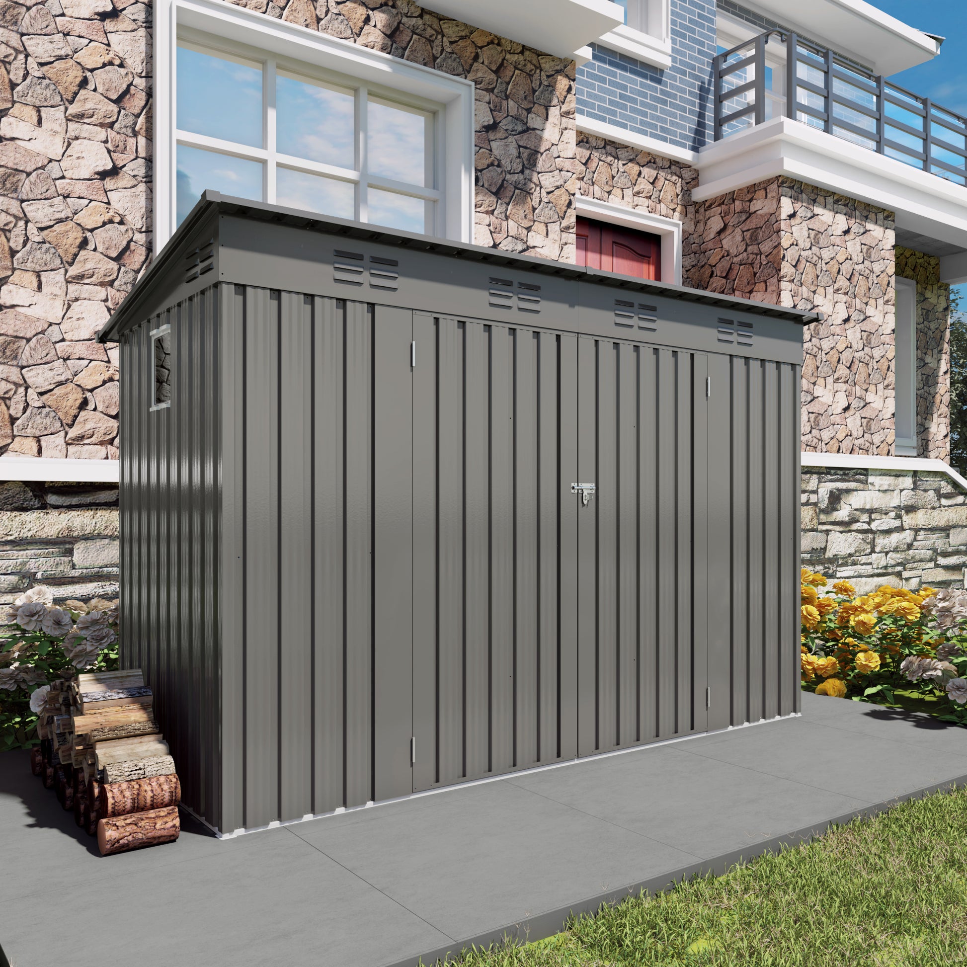 4 X 9 FT Outdoor Storage Shed, Metal Garden Shed Tool House With Sloping Roof,6 Vents And 2 Swing Doors For Backyard, Garden,Patio, Garage, Lawn, Gray