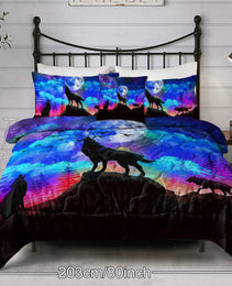Galaxy Comforter Set Men 3D Wolf Bed Comforter Set 4 Piece Wolves Howling Bedding For Boys Retro Oil Painting Design Purple Blue And Black Bedding Set Queen King Size