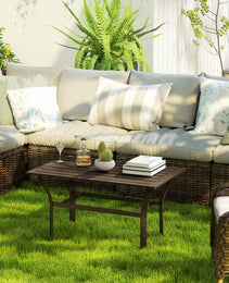 Outdoor Coffee Table with Slatted Tabletop, All-Weather Rectangle Metal Patio Coffee Table for Garden, Brown