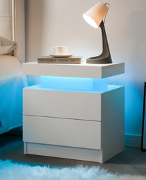 Nightstand LED Bedside Table Cabinet Lights Modern End Side With 2 Drawers For Bedroom White
