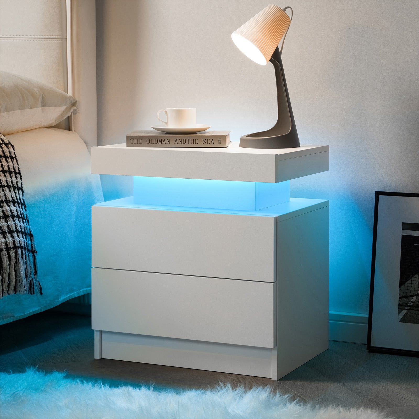 Nightstand LED Bedside Table Cabinet Lights Modern End Side With 2 Drawers For Bedroom White