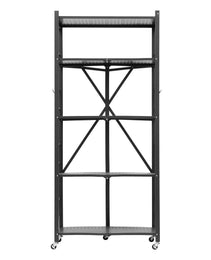 5-Tier Foldable Storage Shelf, 28W X 15D X 64H Inch Folding Metal Rack Shelving Unit, No Assembly Organizer Shelf With 5 Wheels & 4 Hooks For Pantry, Kitchen, Garage, Basement, Black