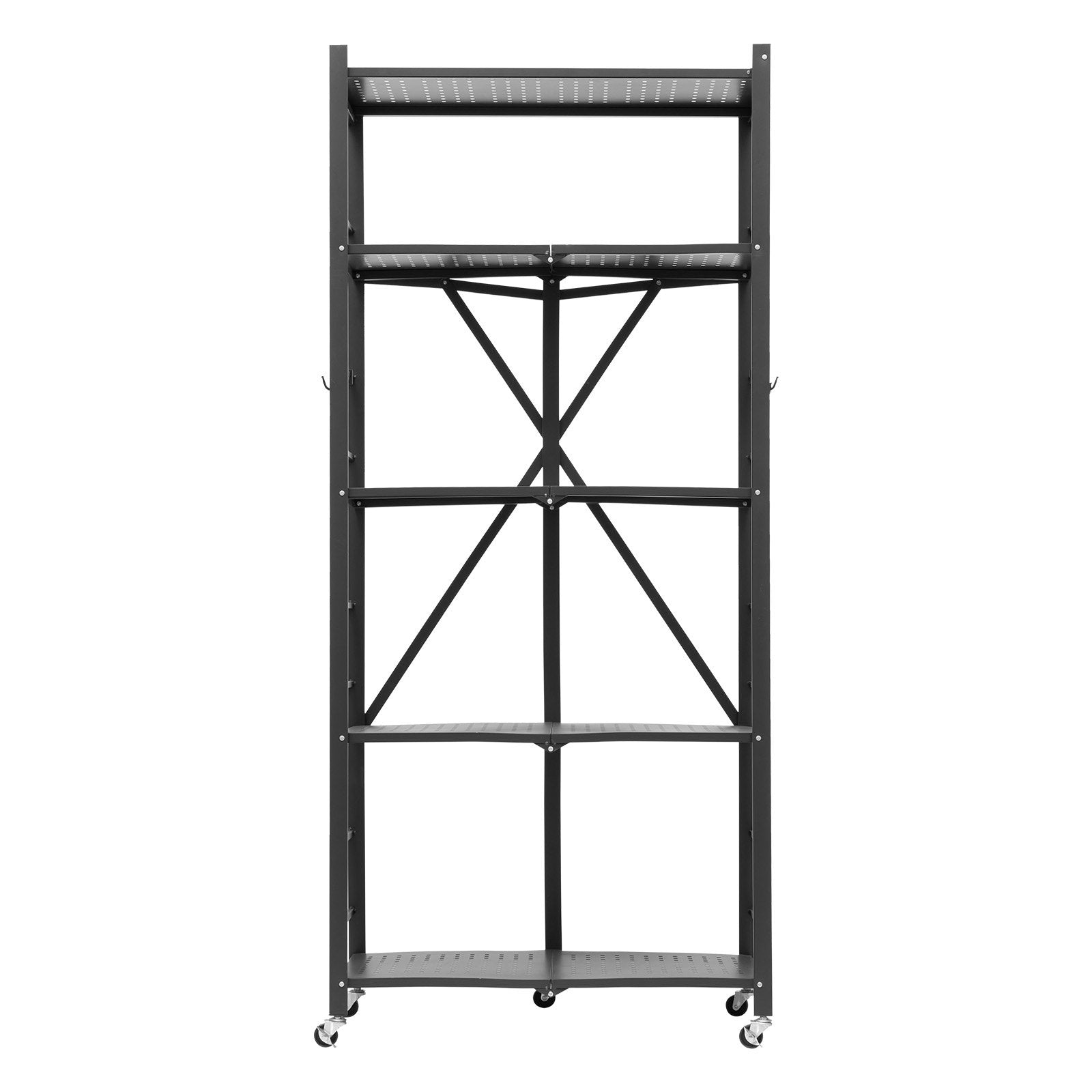5-Tier Foldable Storage Shelf, 28W X 15D X 64H Inch Folding Metal Rack Shelving Unit, No Assembly Organizer Shelf With 5 Wheels & 4 Hooks For Pantry, Kitchen, Garage, Basement, Black