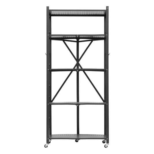 5-Tier Foldable Storage Shelf, 28W X 15D X 64H Inch Folding Metal Rack Shelving Unit, No Assembly Organizer Shelf With 5 Wheels & 4 Hooks For Pantry, Kitchen, Garage, Basement, Black