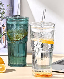 20 Oz 2-pack Glass Straw Cup With Vertical Pattern Cup And Lid, High Borosilicate Heat-resistant Glass Cup For Juice, Milk And Cold Drinks
