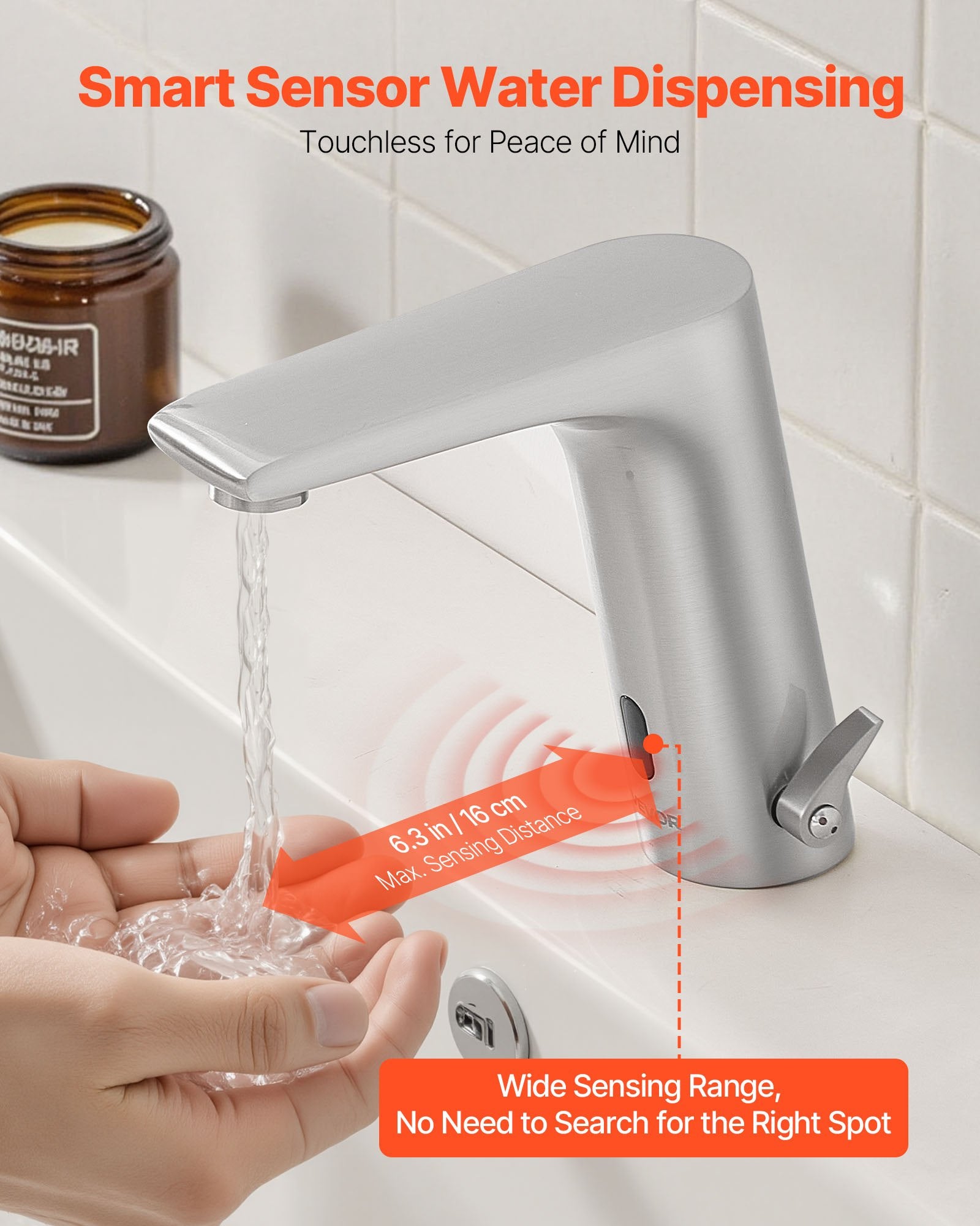 Touchless Bathroom Sink Faucet, Automatic Motion Sensor Restroom Toilet Faucet, HandsFree Adjustable Cold Hot Single Handle Water Mixer Battery Operated For 9/16 In Pipe,Brushed Nickel Silver