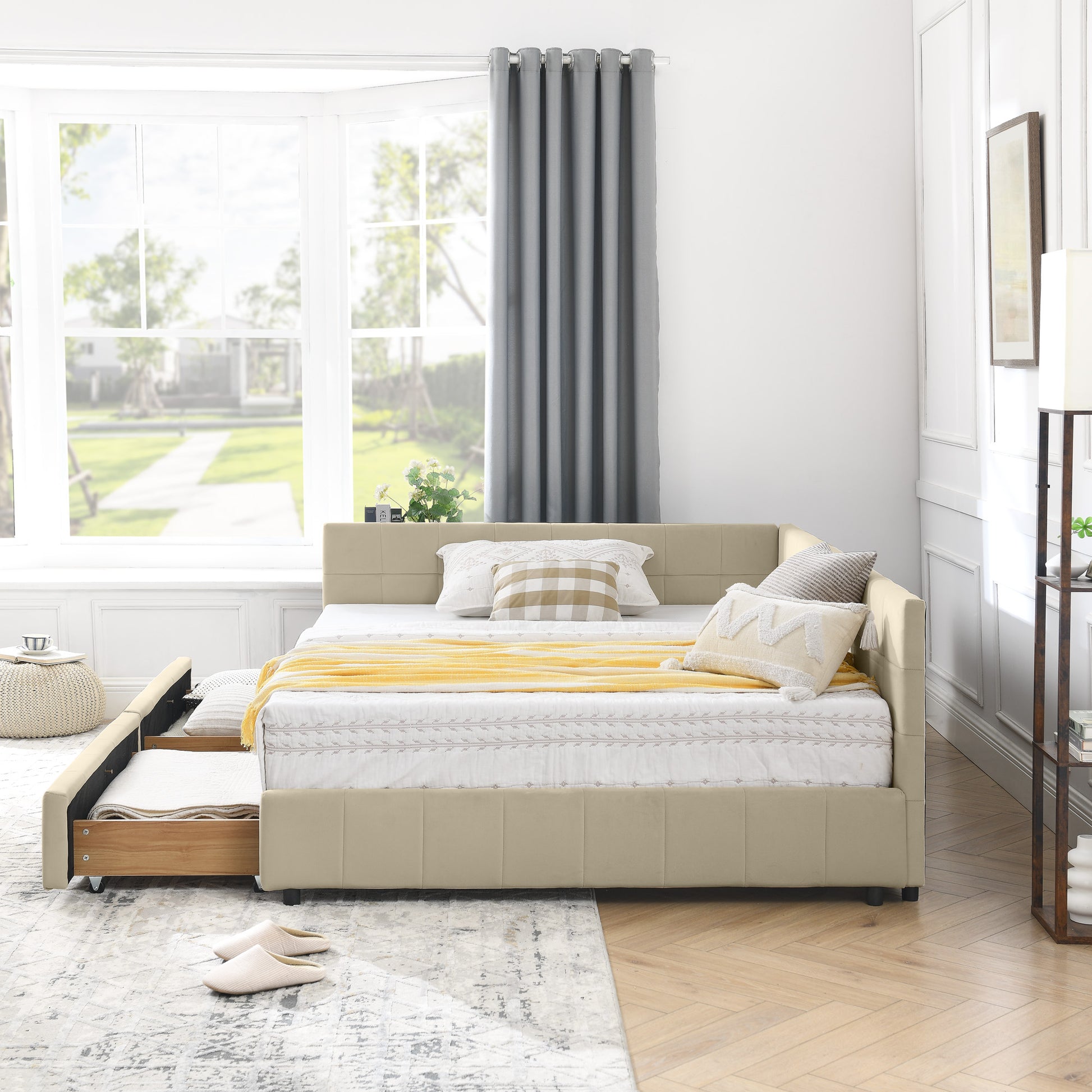 Full Size Storage Upholstered Tufted Bed Frame, Sofa Bed Frame With Comfortable Backrest And Armrests, Full Size Bed For Bedroom, Living Room,Velvet, BEIGE 80.5x59x29.5