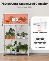 4-Tier Foldable Storage Shelf, 36W X 21D X 60 H Inch Folding Metal Rack Shelving Unit, No Assembly Organizer Shelf With 5 Wheels & 4 Hooks For Pantry, Kitchen, Garage, Basement, White