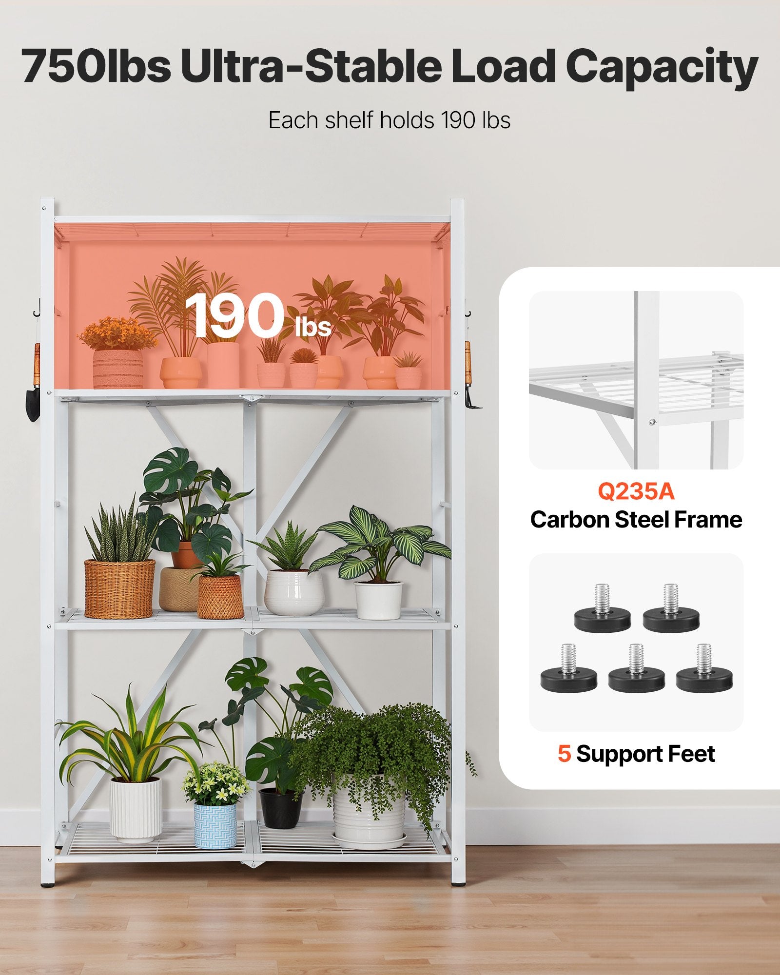 4-Tier Foldable Storage Shelf, 36W X 21D X 60 H Inch Folding Metal Rack Shelving Unit, No Assembly Organizer Shelf With 5 Wheels & 4 Hooks For Pantry, Kitchen, Garage, Basement, White