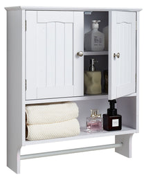 Bathroom Wall Cabinet, 2 Doors And Adjustable Shelf, Over The Toilet Storage Medicine Cabinet Wall Mounted, Hanging Organizer With Open Partition And Towel Bar For Laundry Room Kitchen, White