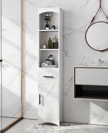 Farmhouse Tall Slim Bathroom Storage Cabinet with Recessed Drawer, Narrow Cabinet with Barn Door, White