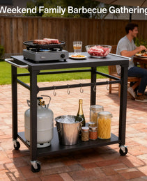 2-Tier Outdoor Grill Cart With Locking Wheels & Tool Hooks, Movable BBQ Prep Table, Rolling Serving Bar Cart For Patio, Backyard, Pizza Oven Stand, Black