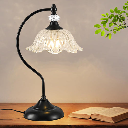 Table Lamp for Bedroom,Crystal Glass beside Lamp,Plug in Dimmable Black Lamp Flower Nightstand Lamp for Living Room, Office, Desk, Home Decor
