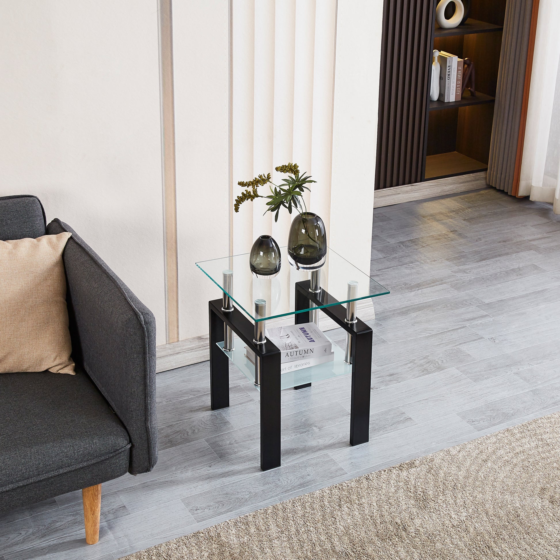 Tempered Transparent Glass End Table, 2-Layers Small Table With Storage, Living Room Side Table