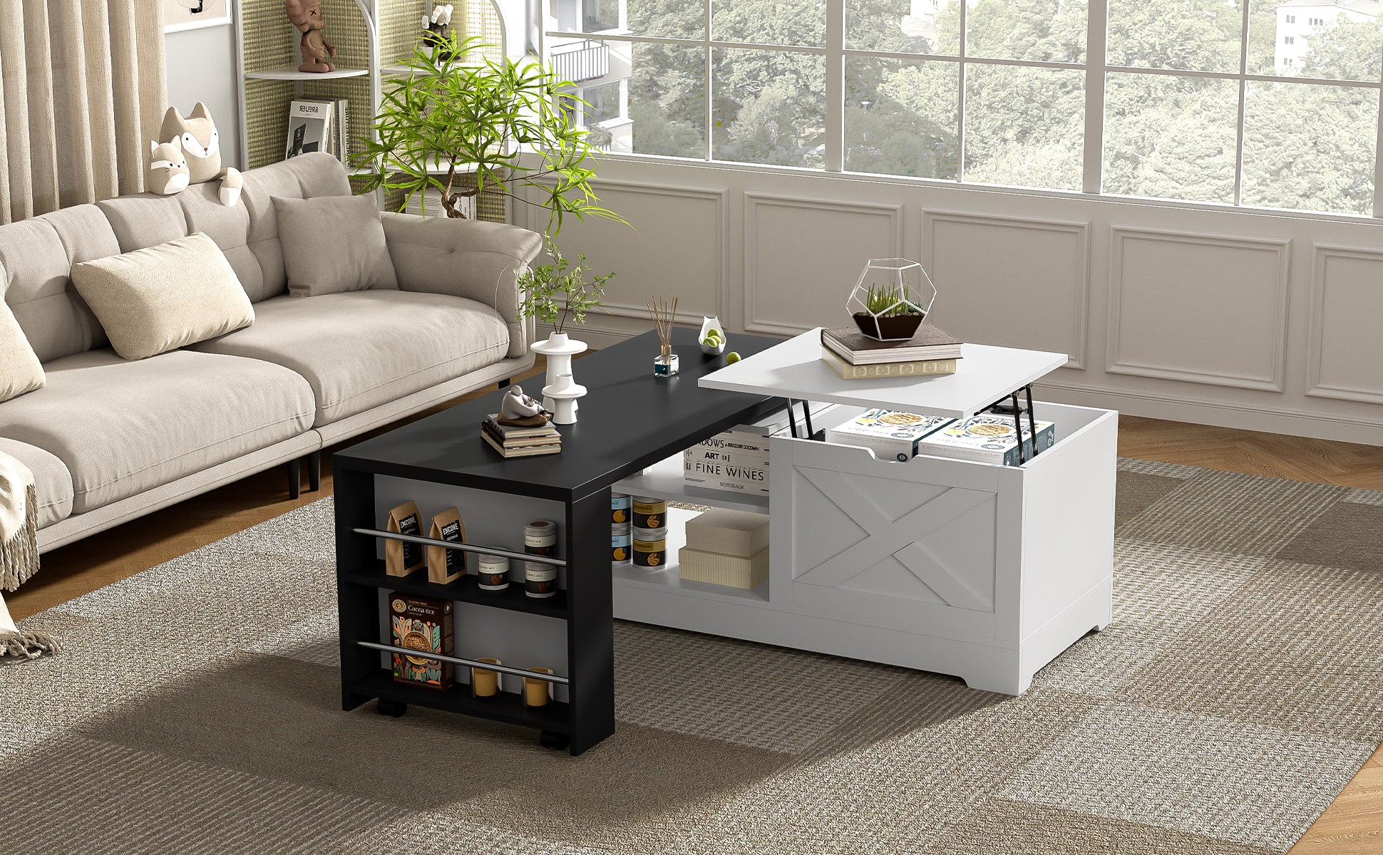 U-Can Farmhouse  Lift Top Coffee Table With Barn Doors, Wood Rectangle Center Table With Large Hidden Storage Space And Open Cabinet, For Living Room, Bedroom, Home Office