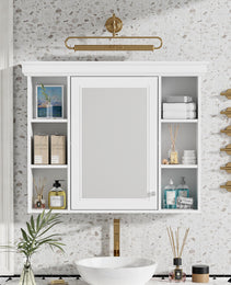 35'' X 28'' White Wall Mounted Bathroom Storage Cabinet With Mirror Door, Modern Bathroom Wall Cabinet With Mirror, Medicine Cabinet With 6 Open Shelves
