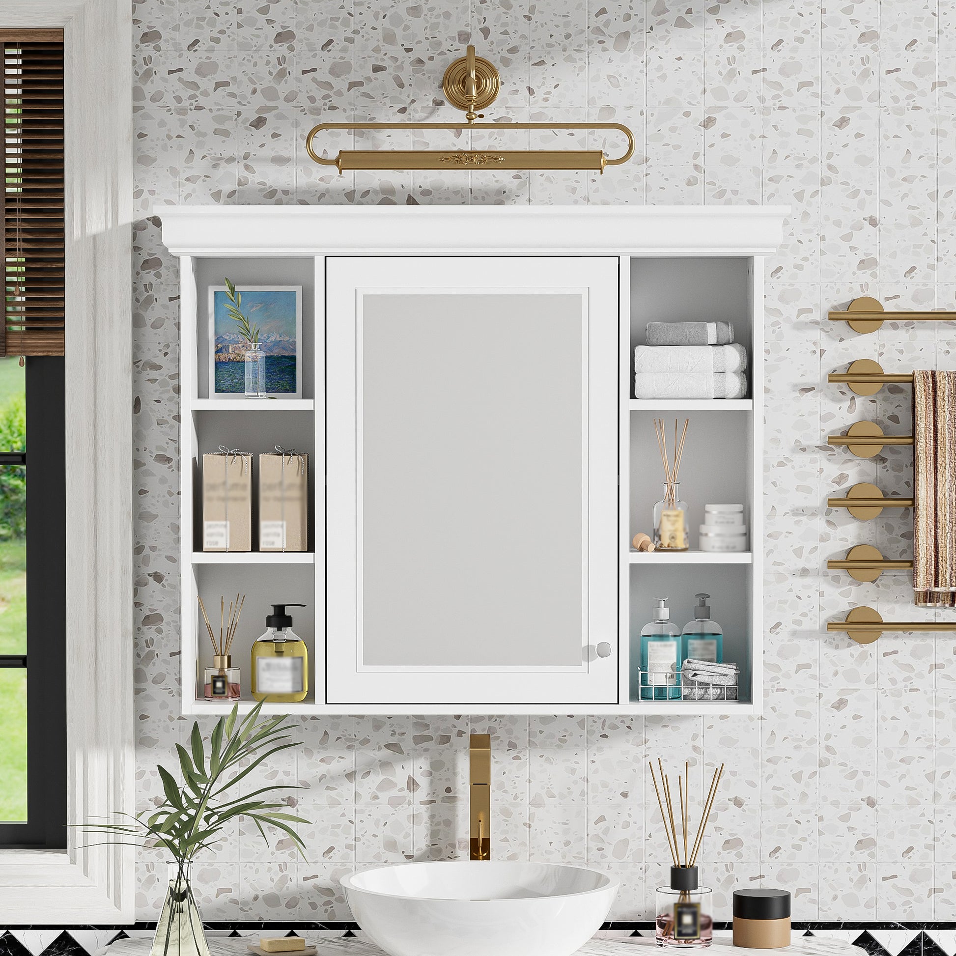 35'' X 28'' White Wall Mounted Bathroom Storage Cabinet With Mirror Door, Modern Bathroom Wall Cabinet With Mirror, Medicine Cabinet With 6 Open Shelves