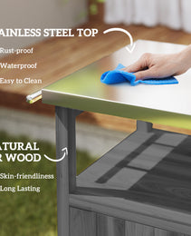 Outdoor Grill Cart with Stainless Steel Top, Solid Wood Outdoor Kitchen Island with Wheels, Integrated Hole, Dark Gray