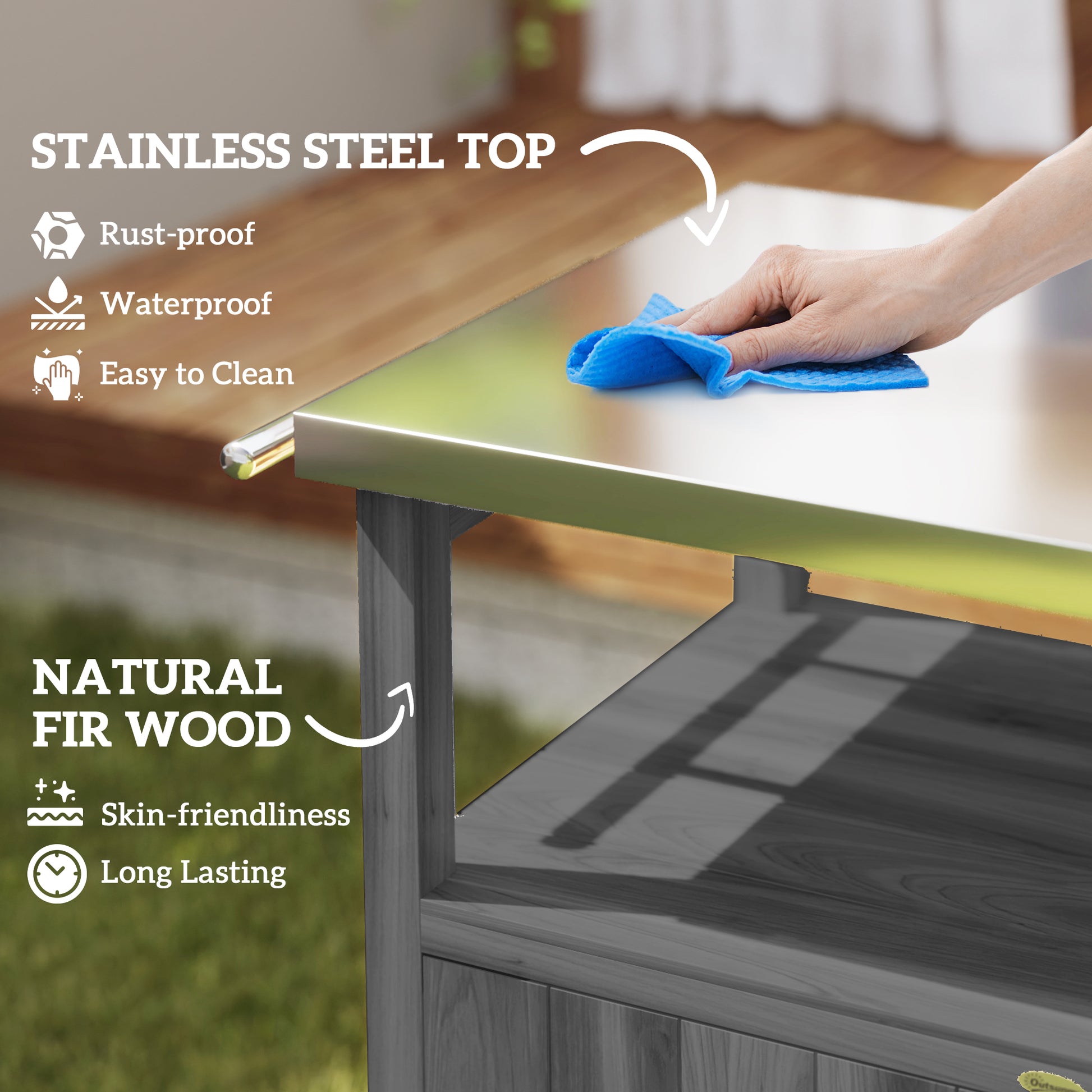 Outdoor Grill Cart with Stainless Steel Top, Solid Wood Outdoor Kitchen Island with Wheels, Integrated Hole, Dark Gray