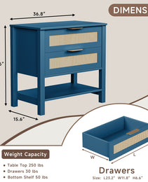 Rattan Nightstand With 2 Drawers And Storage Shelf Boho Bedside Narrow Side Table For Bedroom