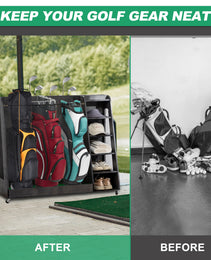 Gray Wooden Golf Bag Storage Rack With 3 Drawers, Holds 2 Stand Bags  14 Clubs, Organizer For Golf Balls, Shoes  Accessories, Heavy Duty For Garage, Indoor Outdoor Use, Easy Assembly
