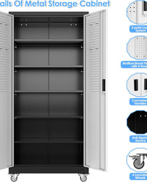 Aobabo Upgrade Metal Garage Storage Cabinet With Wheels And Pegboards, 5 Adjustable Shelves Steel Storage Cabinets For Home,Warehouse,Garage,Assembly Required,Black And Sliver