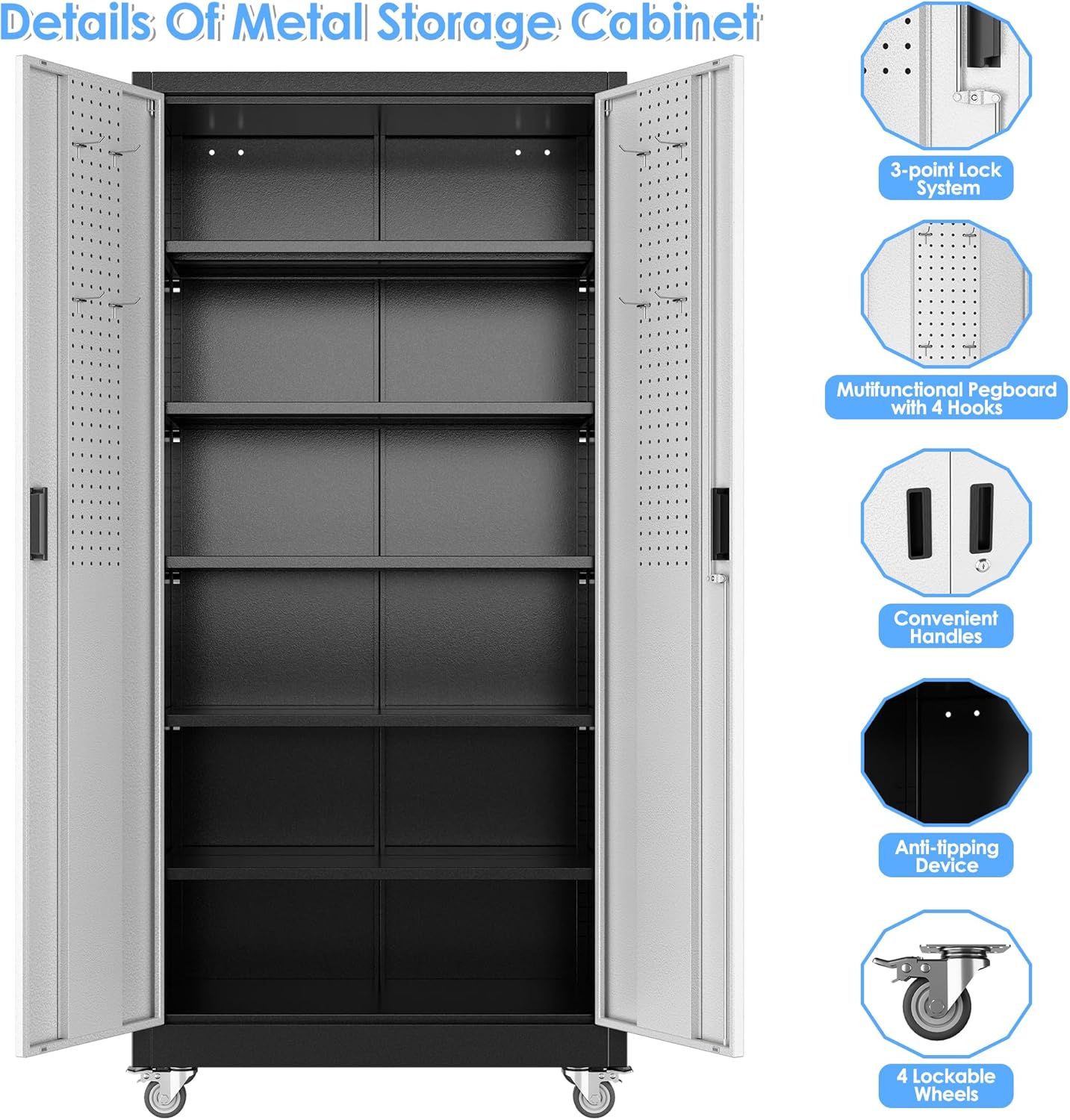 Aobabo Upgrade Metal Garage Storage Cabinet With Wheels And Pegboards, 5 Adjustable Shelves Steel Storage Cabinets For Home,Warehouse,Garage,Assembly Required,Black And Sliver