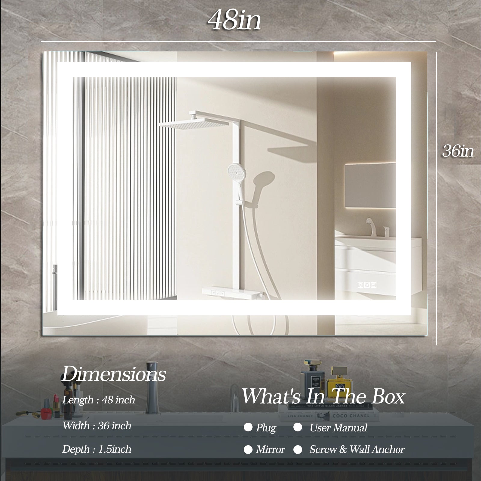 48  X 36  LED Bathroom Mirror With Anti-Fog And Touch Sensor -Modern Frameless Lighted Wall Mirror For Bathroom Vanity, Shower Room, Or Dressing Area