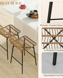 Rattan Counter Bar Stools Set of 2, 26" Counter Height Barstools with Back, Bar Chairs for Kitchen Island, Brown