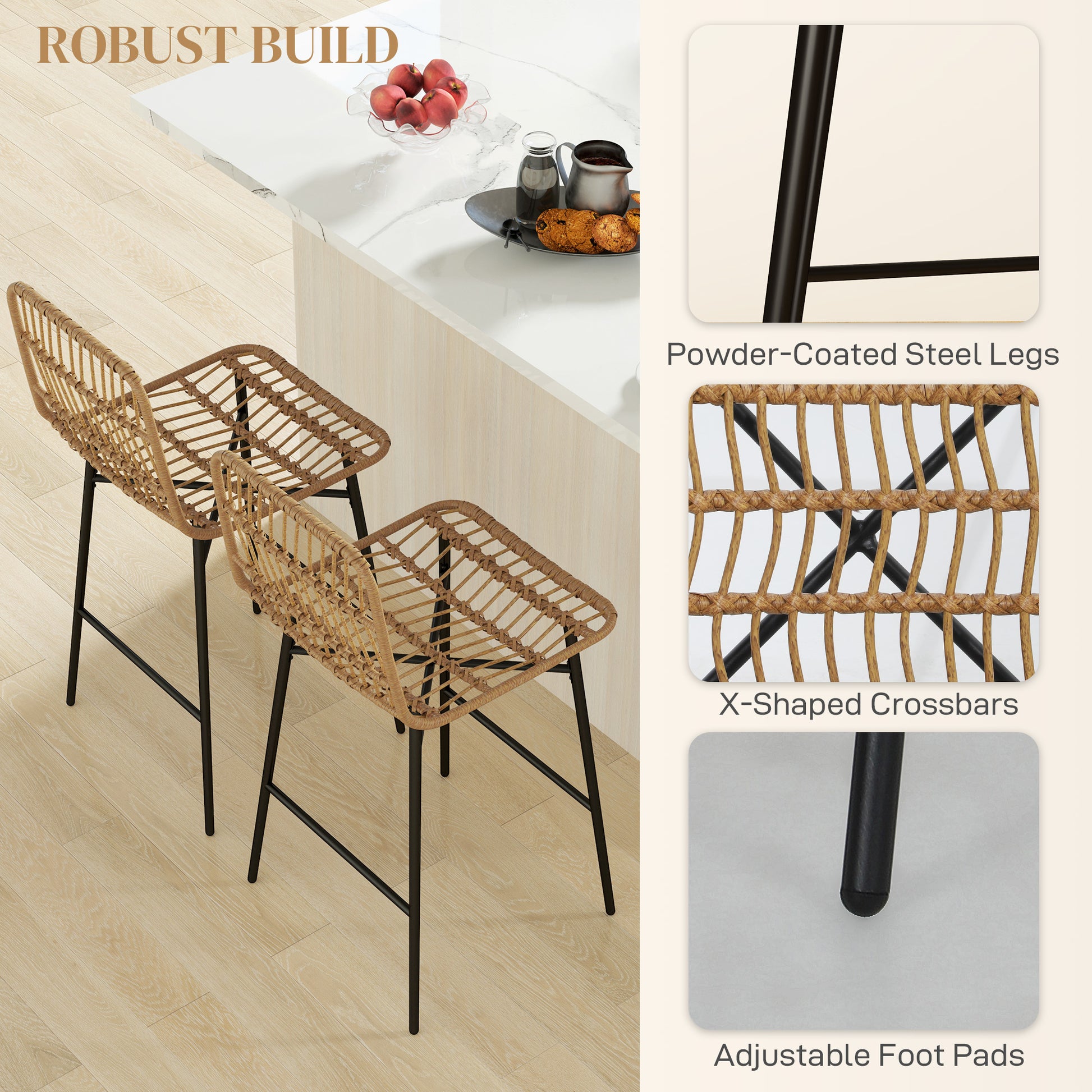 Rattan Counter Bar Stools Set of 2, 26" Counter Height Barstools with Back, Bar Chairs for Kitchen Island, Brown